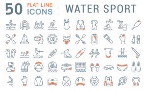 Grafik mit vielen verschiedenen Symbolen des Wassersports und des Pool Zubehörs
